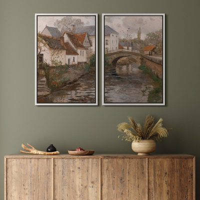 «Rustic European Village By The River Vintage Countryside Nature Wilderness Illustration Decor», 2 pièces sur toile