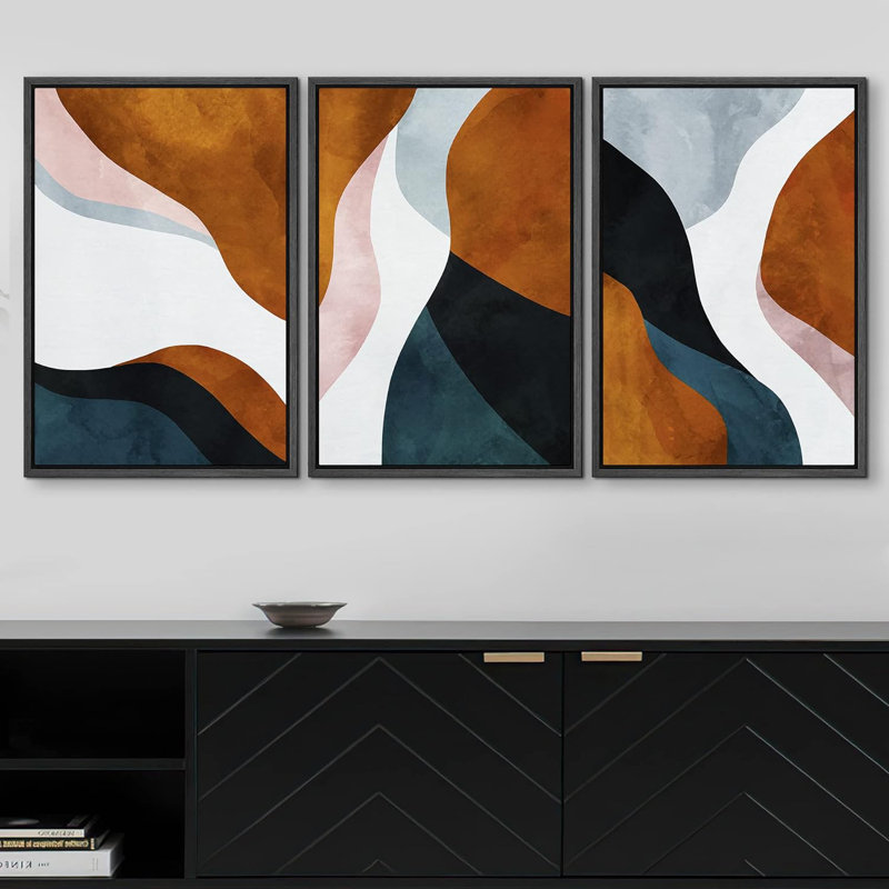 Mid Century Shape "Geometric Wavy Brown And Blue Abstract Framed Canvas Print 3 Pieces Wall Art, 36" H x 72" W, Black