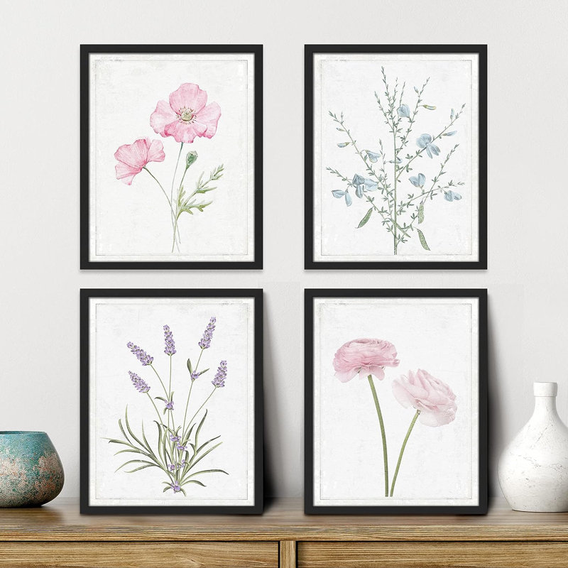Vibrant Wildflower " IDEA4WALL Framed Lavender Rose Daisy Cornflower Wall Art, Set Of 4 Nature Wilderness Wall Decor Prints, Botanical Floral Wall Decor For Living Room, Bedroom " 4 - Pieces