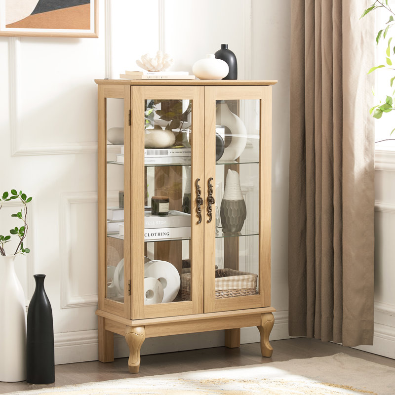 Vitrine 2 portes avec tablettes réglables et - Présentant vos articles, le dossier en miroir Oak Curio illuminé s'adapte à toute pièce,