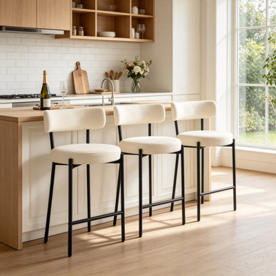 25" Upholstered Sherpa Modern Boucle Counter Height Bar Stools with Curved Back and Metal Frame