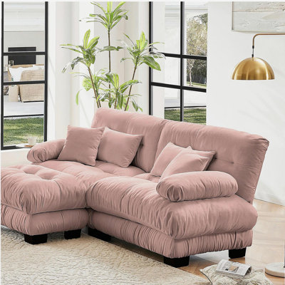 Cloud Couch Sectional Sofa for Living Room, Chenille 2 Seater Sofa with 2 Lumbar pillows and 2 throw pillows , Upholstered Wide Arm Sofa with Convertible Ottoman,Chenille Pink