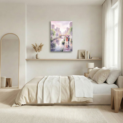 Couple Walking Under Pink Umbrella in City Canal Canvas Wall Art