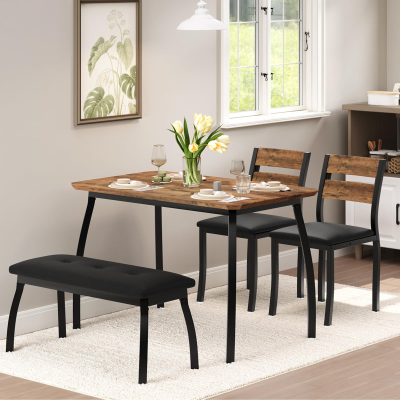 43" Dining Table Set for 4 with Bench & 2 Chairs, Industrial Wooden Dinette Set for Small Spaces, Brown, Brown/Black