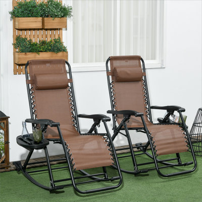 Ensemble de 2 chaises berçantes d'extérieur sans gravité, fauteuil inclinable pliable avec coussin et porte-gobelet, brun