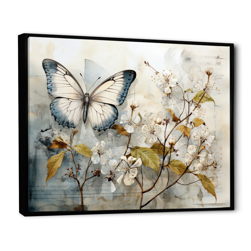 Papillon beige Bibby Glimpse Of Serendipity - décoration murale papillon, H 34 po x l 44 po x P 1,5 po, Cadre flottant noir
