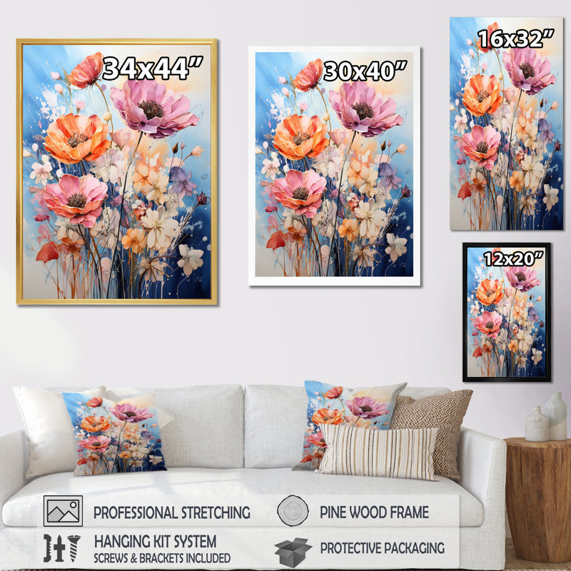 Christylee multicolore fleurs saisonnières sur bleu II - impression, H 40 po x l 30 po x P 1,5 po, Toile tendue