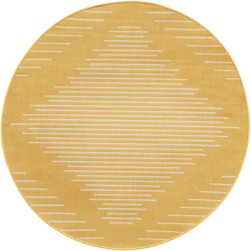 Tapis intérieur / extérieur en polypropylène tissé à la machine marocain en jaune / blanc, Rond 6 pi