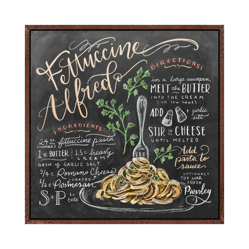 Fettuccine Alfredo Recipe - Print on Canvas, 66.04 cm H x 66.04 cm W, Classic Brown Wood Framed