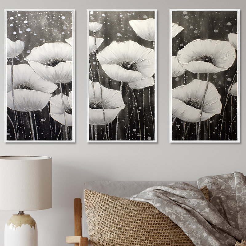 «Grey Poppies Silver Serenity» - ensemble d'art mural coquelicots, H 28 po x l 36 po x P 1 po, Cadre flottant blanc