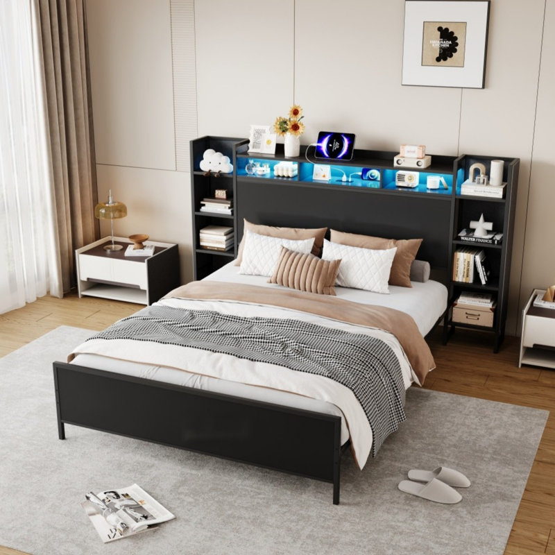 Twin Size Bed Frame With USB Charging Station And Storage Headboard For Modern Bedroom Decor, Twin