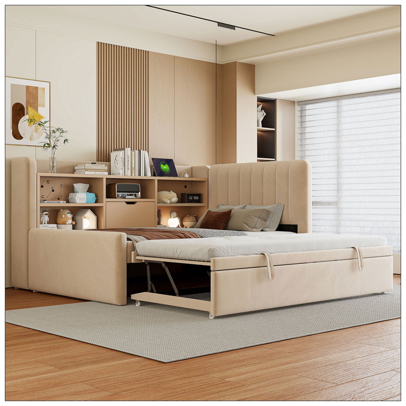 Lit de jour rembourré avec lit gigogne, tablettes de rangement, port USB et prise de courant pour la chambre à coucher, Beige