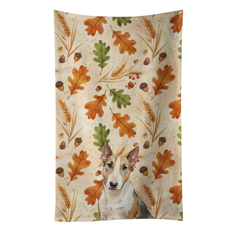 Tricolor Miniature Bull Terrier Heirloom Fall Kitchen Towel, Tricolor Miniature Bull Terrier