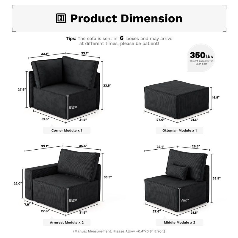 Bennett 6-Piece Upholstered Corduroy Sectional, Black Corduroy