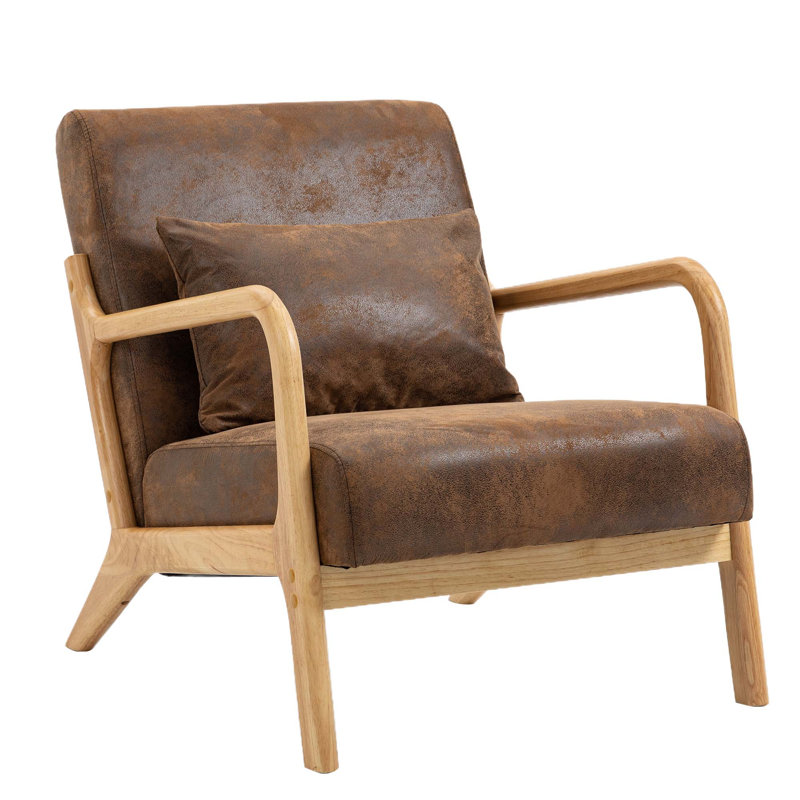 Upholstered Armchair, Accent Chair, Suitable For Living Room, Bedroom, Lounge, Natural Wood, Brown Fabric