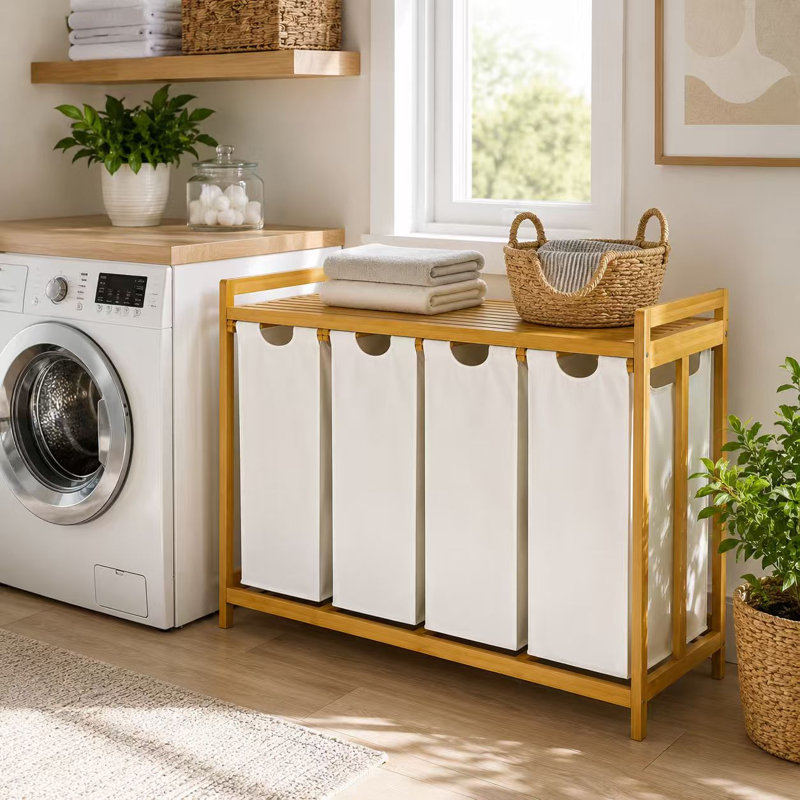 Panier à linge et tablette de rangement en bambou avec panier à linge à 4 compartiments, Blanc, 200L - 1-Tier