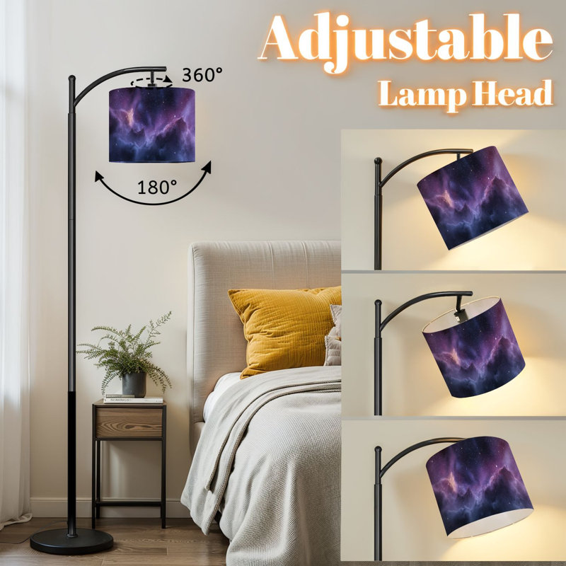 Lampe sur pied à arc avec abat-jour réglable nébuleuse mauve Lampe sur pied à 3 températures de couleur à intensité variable avec interrupteur au pied pour la chambre à coucher