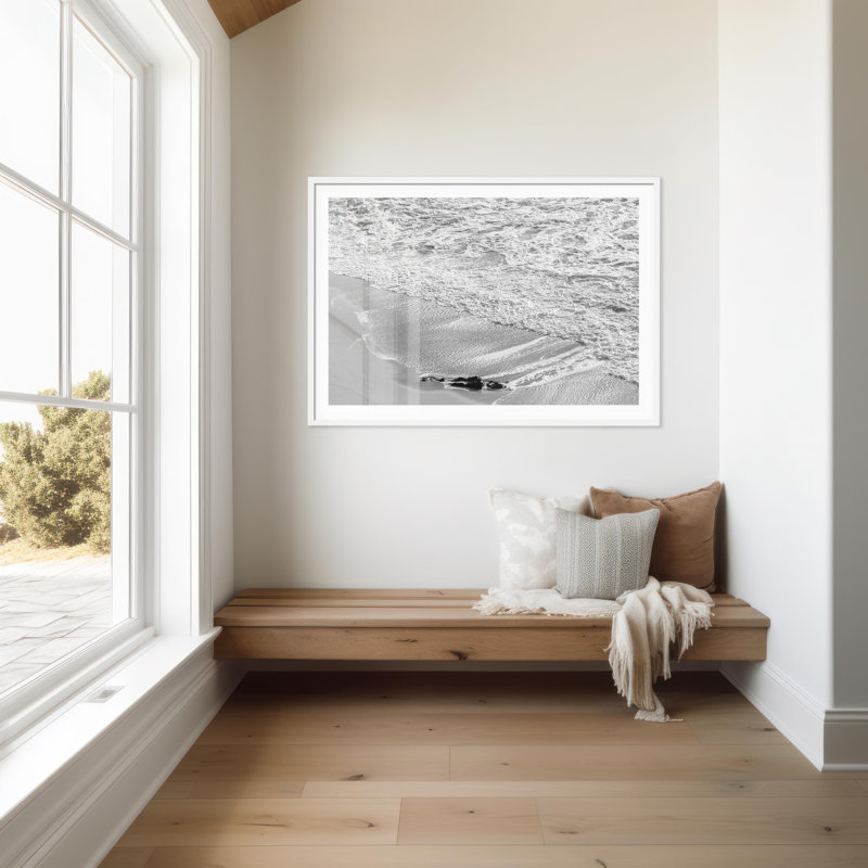 Black And White Shoreline Print by Carly Tabak, 25" W x 18" H, White Wood