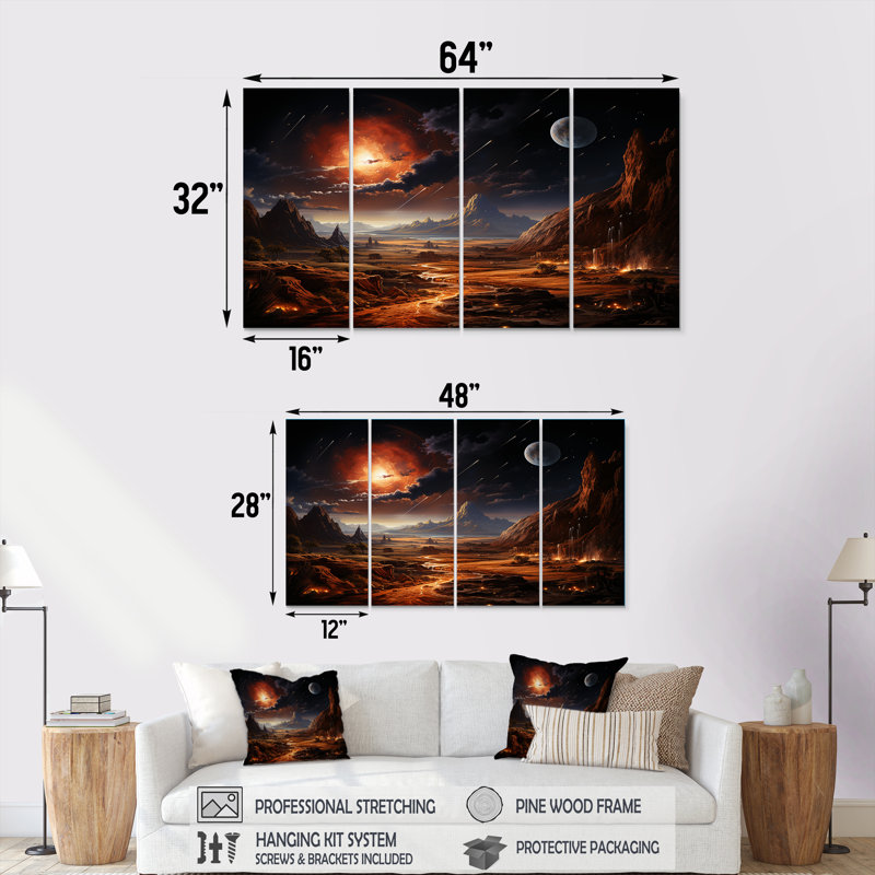 «Futur Cosmic Sunrise On Moon II - Planets», ensemble de 4 décorations murales, H 28 po x l 48 po