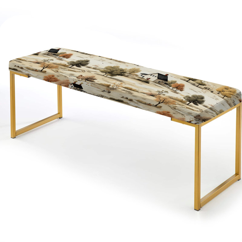 Vintage Farmhouse Landscape Scene - Floral Upholstered Gold Bench