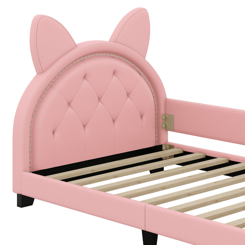 Upholstered Daybed With Carton Ears Shaped Headboard, Pink