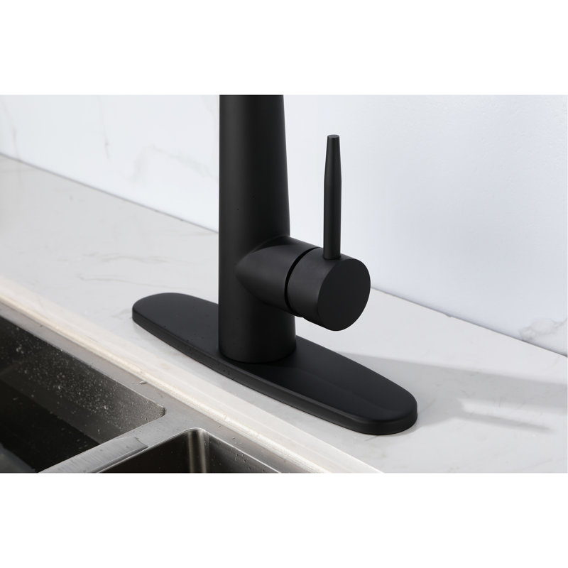 Black Pull Down Kitchen Faucets, Matte Finish, Single Handle, Deck Mounted, Easy To Control Water Temperature Modern Sink Faucet With , , Installation