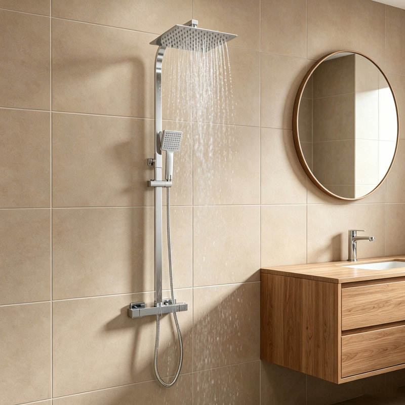 Chrome Rainfall Thermostatic Shower Mixer Set Square with Overhead & Handheld Shower Head, Chrome