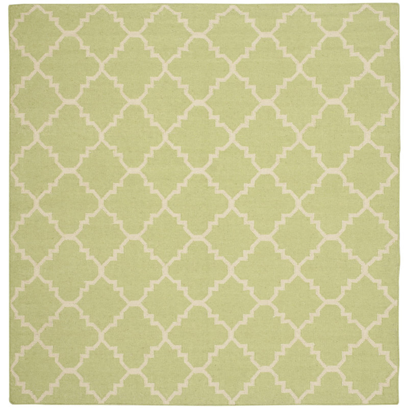Estevez Hand Woven Flat Weave Wool/Cotton Geometric Rug in Ivory/Light Green, Square 6'