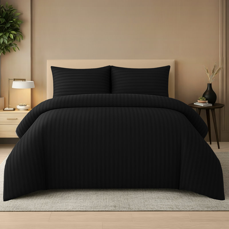 Luxury Satin Stripes Reversible Duvet Cover Set with Zipper Closure and Corner Ties