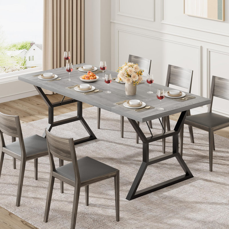 Dining Room Table For 6, 70 Inch Rectangular Kitchen Table With Heavy Duty Metal Legs, Farmhouse Wooden Dining Table, Gray