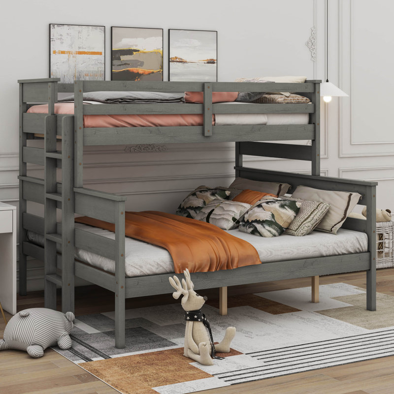 Lit superposé en bois avec échelle, Gris, Lit simple très long sur grand lit