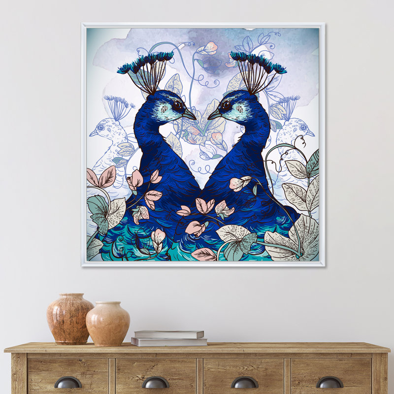 Deux paons bleus avec des fleurs sauvages - reproduction de cadre flottant sur toile, H 36 po x l 36 po x 1,5 po, Cadre noir