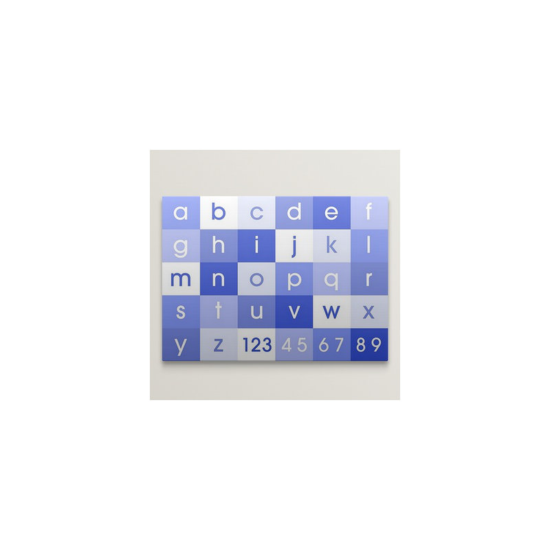 «Alphabet» par Justin, art textuel en bleu, H 18 po x l 24 po x P 1,25 po, Toile