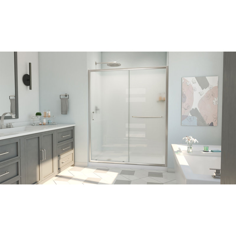Brushed Nickel Semi-Frameless Rectangle Shower Kit with Acrylic Wall
