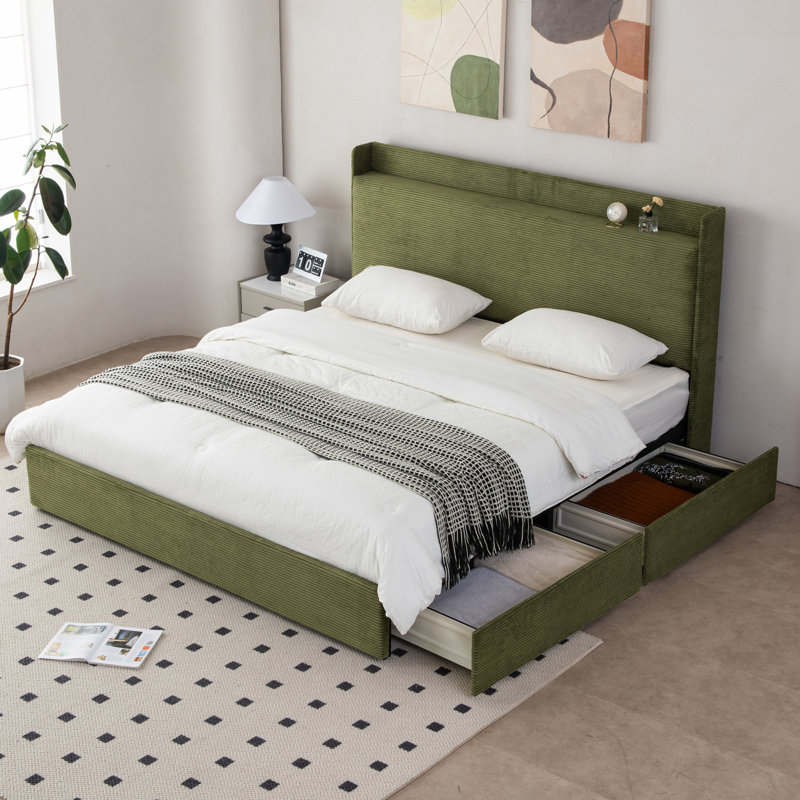 Lit plateforme tapissier avec 4 tiroirs de rangement et tête de lit, Très grand, Vert