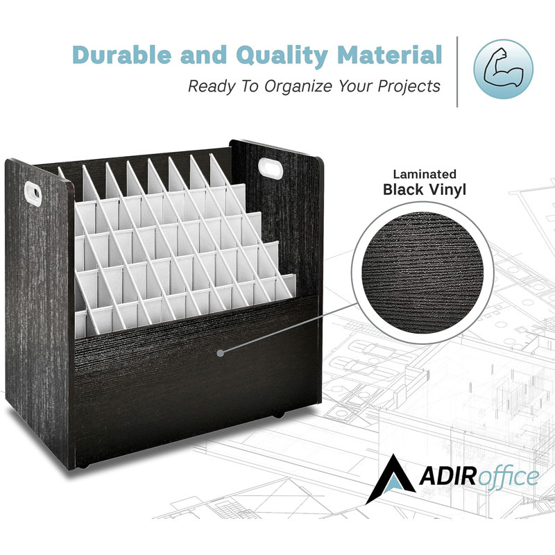 50-Compartment Mobile Wood Roll File Storage Organizer, Black