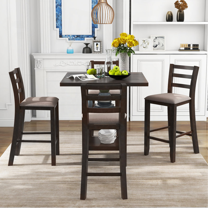 5-Piece Wooden Counter Height Dining Set With Padded Chairs And Storage Shelving (Espresso), Espresso