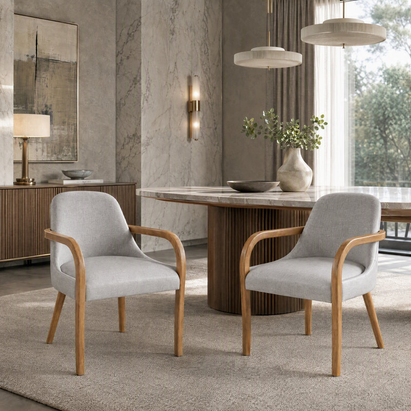 Fauteuils de salle à manger rembourrés avec accoudoirs courbés en bois, Gris