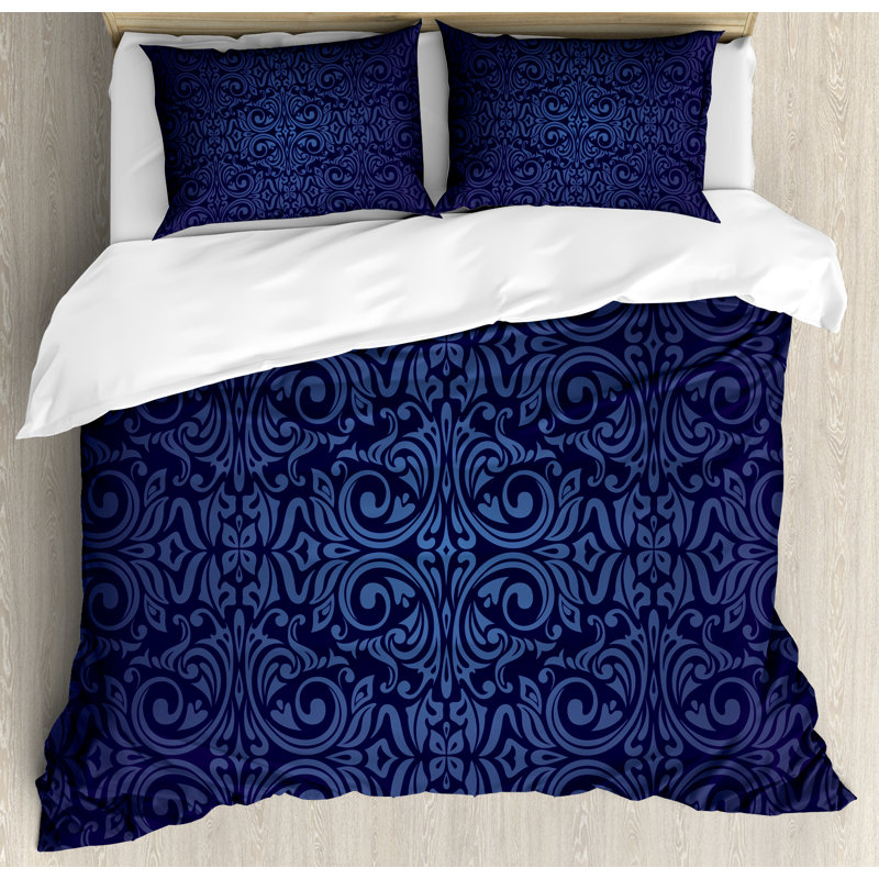 King Size Dark Blue Microfiber Damask Duvet Cover Set
