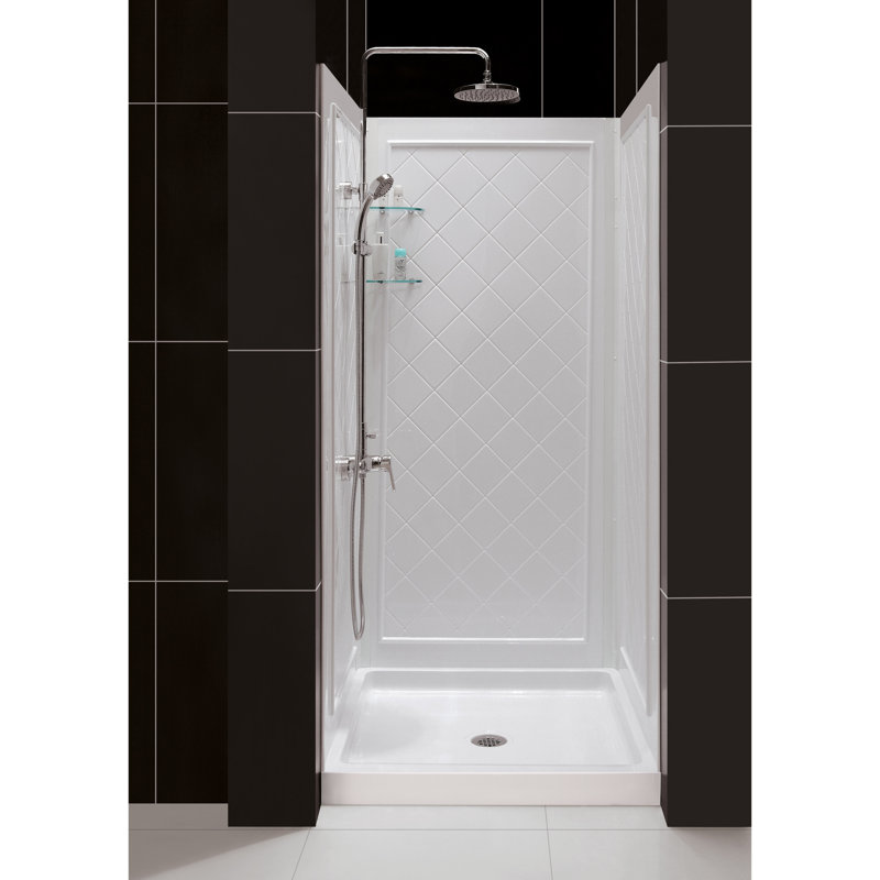 White Acrylic Square Alcove Shower Kit with Tile Pattern