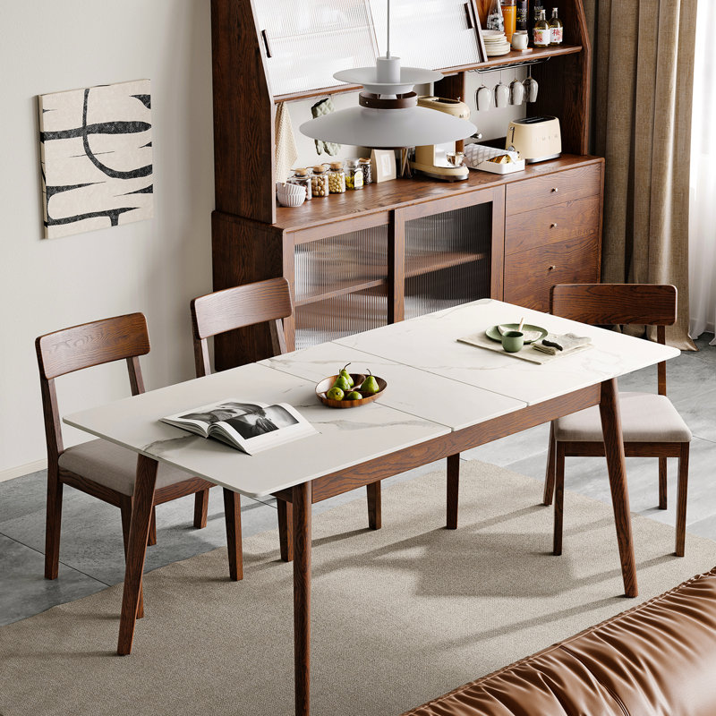 Table en chêne massif avec plateau extensible, 1,2 à 1,5 m, ardoise blanche, polyvalente pour n'importe quelle pièce, table de salle à manger en bois extensible de 1,5 m, coins arrondis et élégants