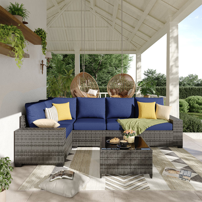 6 Pieces Outdoor Patio Furniture Set, With Cushions And Glass Coffee Table, Pe Rattan Outdoor Wicker Sectional Furniture Sofa Set