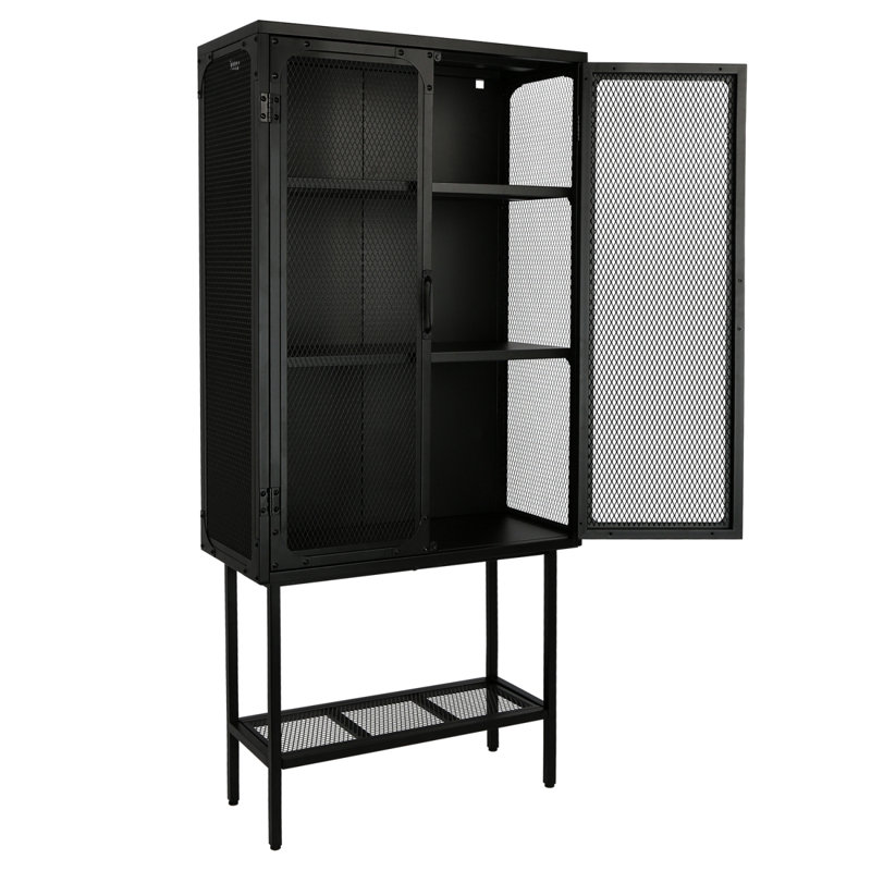 Armoire industrielle avec 2 portes grillagées en métal et tablettes réglables et tablette inférieure