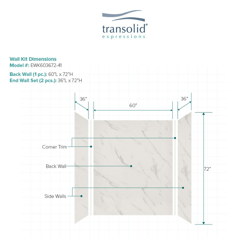 Bianca White Solid Surface 3-Piece Shower Wall Kit, 36" x 60" x 72"