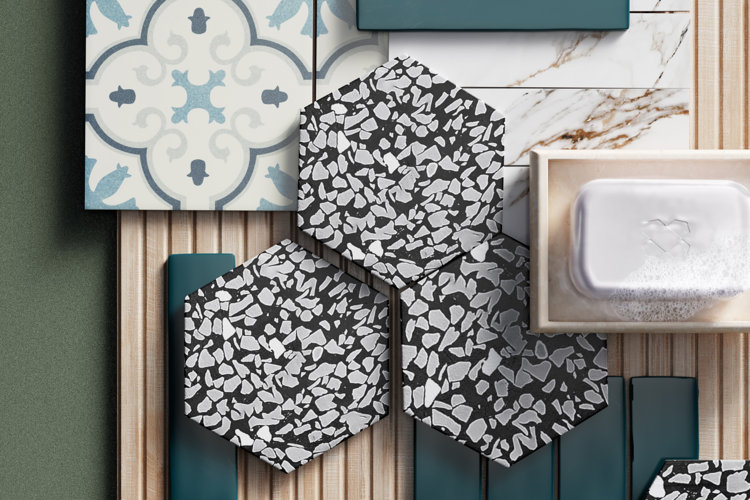 flat-lay with different tile shapes and designs