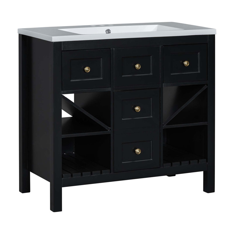 Ensemble de meuble-lavabo 36 po avec lavabo en résine, armoire de rangement en bois massif, ensemble de meuble-lavabo autoportant avec 5 tiroirs et portes à fermeture douce