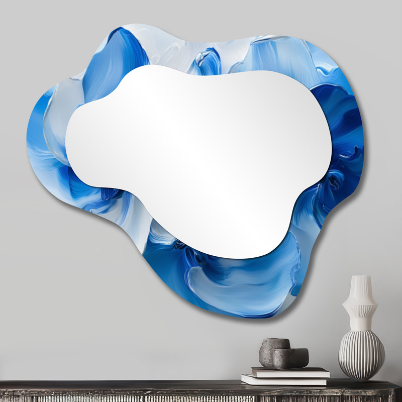 Motif de pétales de fleurs délicates géométriques bleu océan - miroir décoratif asymétrique, miroir mural moderne irrégulier, imprimé sur métal