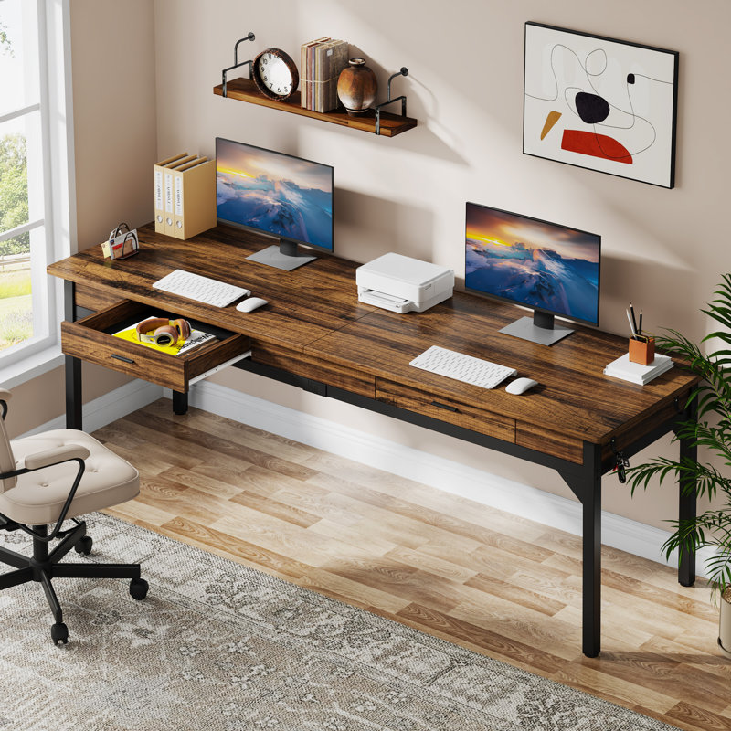 Stefnie 78.7" Extra Long Computer Desk, Writing Desk with 2 Drawers, Rustic Brown/Black