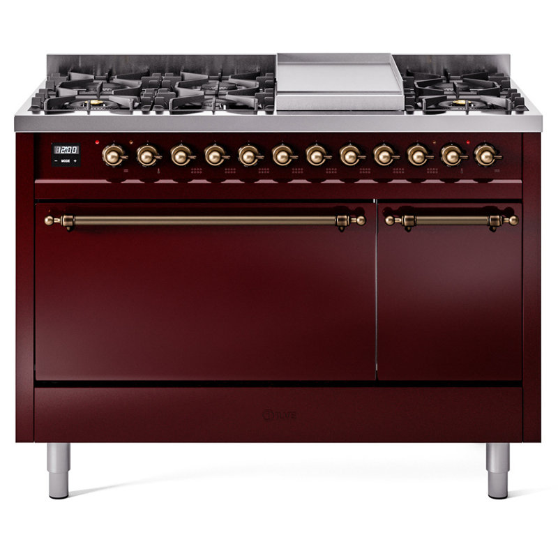 ILVE Nostalgie II 48 in Dual Fuel Range, 8 Burner, Griddle, Liquid Propane, Burgundy/Bronze