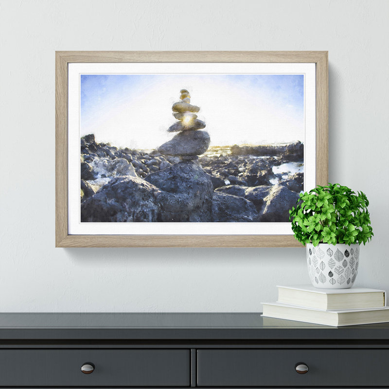 Rock Cairns with Sunlight - Framed Print, 62cm H x 87cm W x 2cm D, Oak Framed